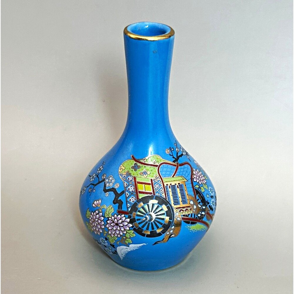 Vintage Blue Japanese Style Mini Ceramic Bud Vase Hand Painted Floral 4”